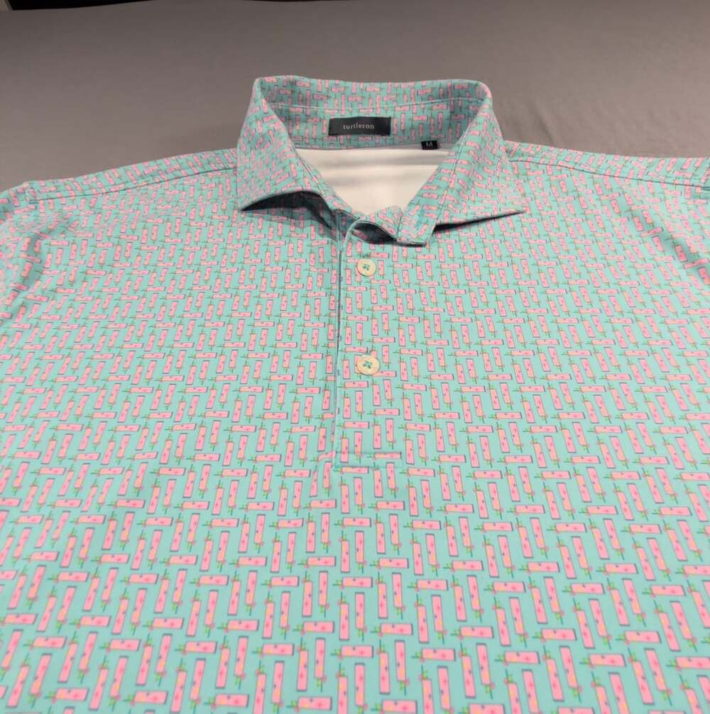 Turtleson Golf Polo Shirt Size M Blue Pink Drink Print Performance